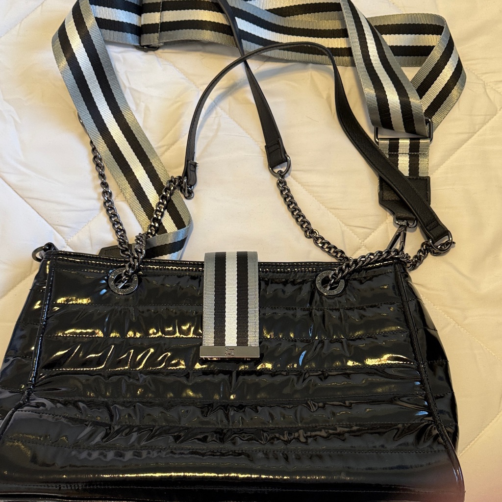 Think Royln Black Glossy Shoulder Bag With Striped Strap